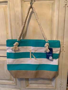 Turquoise & White Striped Rope-Handle Tote with Embroidered K